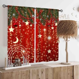 Cortinas de Navidad rojas, bola de abeto de Navidad, Navidad, Año Nuevo, invierno, nieve, día festivo, decoración de ventanas, tratamientos para sala de estar, recámara, cocina, baño, hogar, 2 paneles