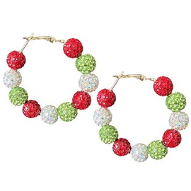 Christmas Glitter Beaded Hoop Earrings for Women Red Green White Rhinestone Ball Earrings Winter Christmas Jewerly Gift-A