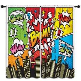 PYMATYTN Superhero City Wars Explosion Rod Pocket Blackout Curtains for Boy Girl Bedroom, Colorful Comics Ar Thermal Insulated Home Window Drapes for Living Room Darkening, 72x63 inch