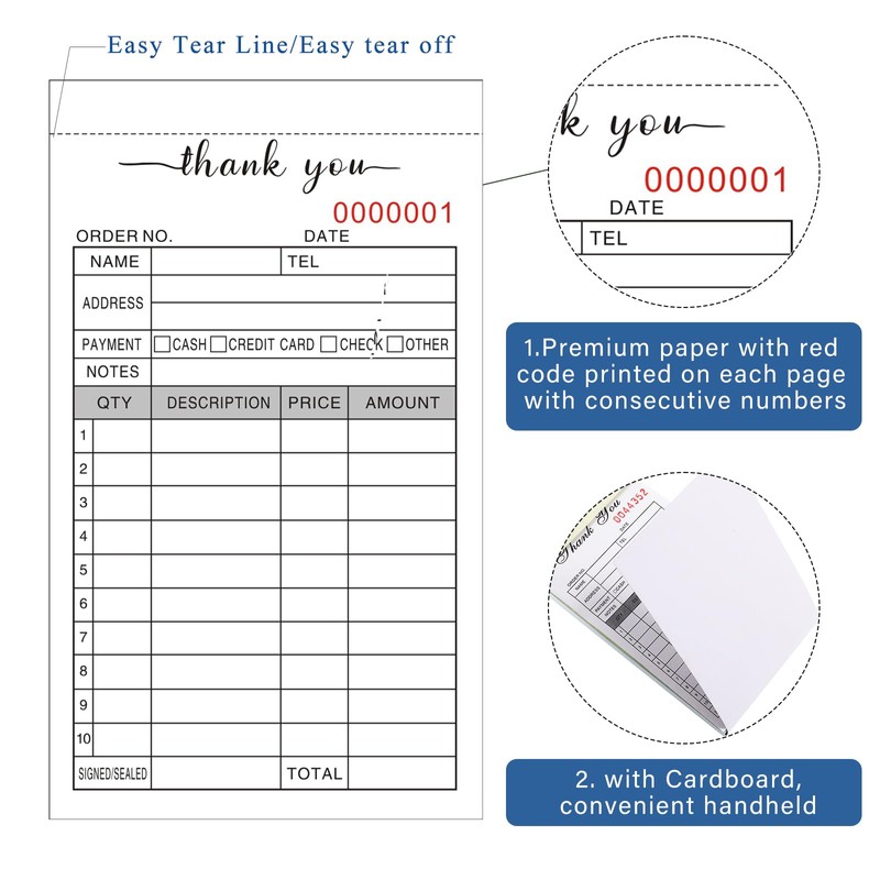 Thank You Receipt Book, 3.4x5.5" Handheld 2-Part Carbonless Sales Invoice