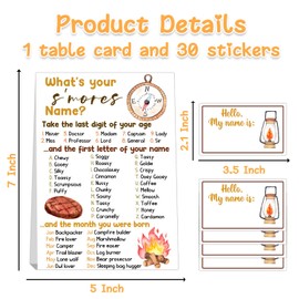 Juego de nombre de What's Your S'mores, juego de fiesta de S'mores, 1 letrero de juego y 30 calcomanías de nombre, juegos de cumpleaños para fiestas de niños, actividades de camping, fiesta de cumpleaños, diversión para adultos y niños