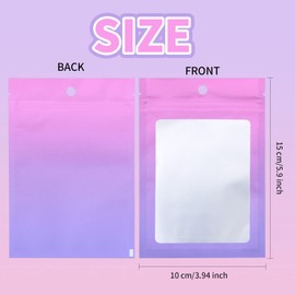XFXIA 100 Pieces Mylar Bags, Resealable Smell Proof Bags with Zipper and Clear Window, Flat Aluminum Foil Pouch Bag Airtight Zipper Baggies for Candy, Food, Eyelash, Lip Gloss Packaging |flat|cute| (Gradient Pink& Purple, 3.9×5.9 inches)