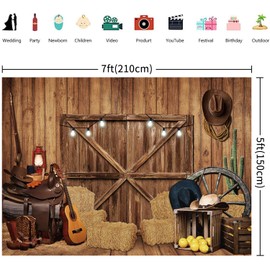 2.1 x 1.5 m Photo Background Western Cowboy Wild West Rustic Wooden House Barn Door Vintage Photography Background Children Baby Shower Western Birthday Party Decorations Banner Photo Studio Props