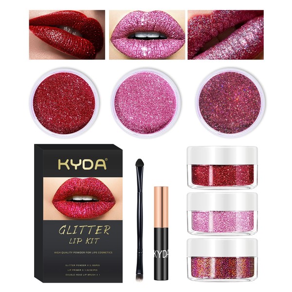 KYDA 3 Colours Glitter Lip Kit, Diamond Metallic Glitter Lipstick Powder for Lip Cosmetics, Glitter Lips Makeup with Lip Primer, Long-Lasting Waterproof, Cruelty Free Set A