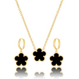 Qinpan Gold Plated Five Leaf Clover Dot Necklace and Dangle Earrings Set for Women Lucky Flower Jewelry, 13*13mm, Stainless Steel, No Gemstone