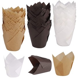 Pack of 150 Cupcake Baking Paper for Cupcakes, Muffins, Tulip Muffin Cases Paper, Tulip Muffin Cases, for Home and Party Wrapping Cakes (Dark Brown, Light Brown and White)