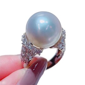 LRGKMCWTOB Baroque Vintage Imitation Pearl Ring Women's Large Pearl Luxury Engagement Ring Diamond Sterling Silver Fresh Water Pearl Cubic Zirconia Ring (Size 8）