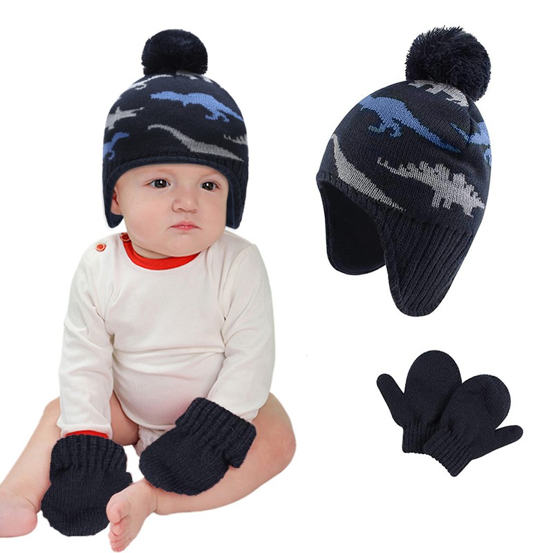 Baby Dinosaur Winter Hat Warm Mittens Set Newborn Pompom Beanie
