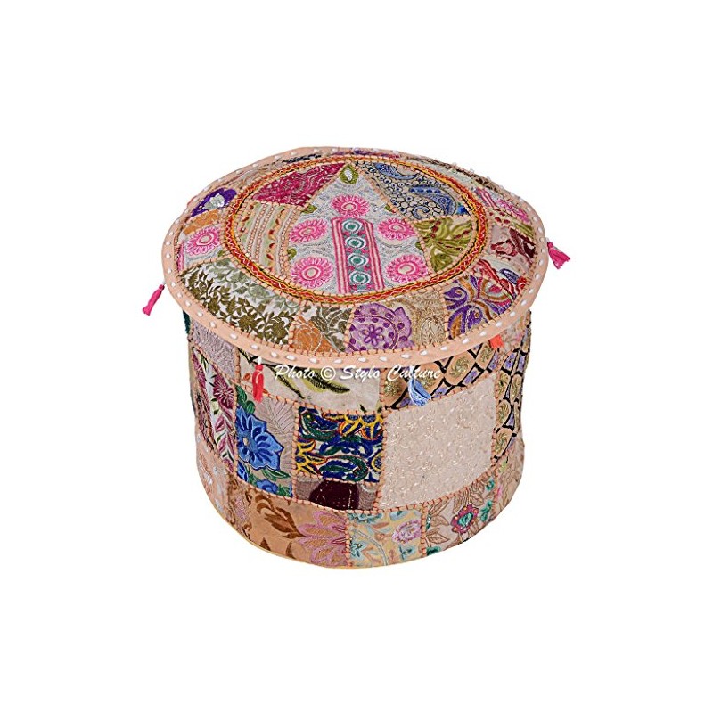 Stylo Culture Cotton Patchwork Embroidered Ottoman Stool Pouf Cover Beige