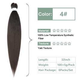Easy Braid Pre Stretched Braiding Hair Extensions, 32 Inches, 6 Packs, Yaki Textured Crochet Synthetic Hair, Hot Water Setting Crochet Extensions (32 Inches, 4#)