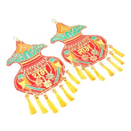 Set of 2 Shubh Labh Hanging Handmade Velvet Cloth Kalash Design Rajasthani Work for Home Latkan Jhumar Toran for Entrance Door Indian Traditional Festival Decoration(Size:-17"X9")(Multicolour)
