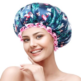 mikimini Shower Cap for Women and Girls, Reusable, Waterproof, Double Layer, Ideal for Medium and Short Hair, Flamingo Pattern - A Must Have for Tropical Fans - Pack of 2