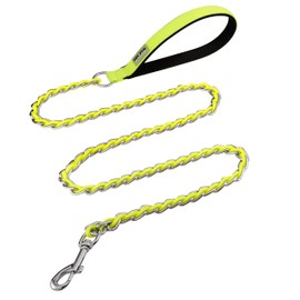 S-ETOVUS Dog Leash Chew Proof, Chain Leash Anti Chew Dog Leash for Large Dogs Heavy Duty, Indestructible Metal Leash Anti Bite Chain Link with Woven Cord Soft Padded Handle (Yellow, 4FT)