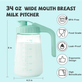 COMI 34oz Breast Milk Pitcher,No Leak Breast Milk Storage Containers for Fridge,Resistant to Heat and Cold,Wide Mouth Breastfeeding Essentials with Sealing Ring,Baby Formula Maker,Green