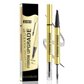 Weixinbuy 2-IN-1 Microblading Eyebrow Pen Long-lasting, Waterproof Eyebrow Pencil Dual-Ended with 4-Fork-Tip & Brow Brush & Clear Brow Gel, Fluffy & Defined Brows for Natural-Looking (2# Black)