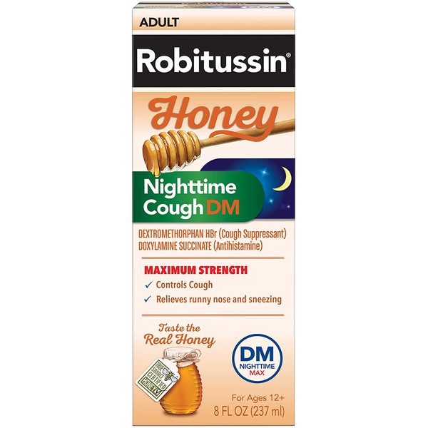 Robitussin Honey Adult Maximum Strength Nighttime Cough DM Max, Cough Suppressant & Antihistamine, Real Honey, 8 fl. oz. Bottle