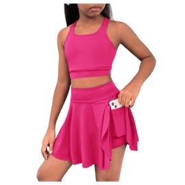BEAUDRM Girl's Workout Solid Color Tank and High Waisted Skorts Set Athletic Sports Running Skirt with Pockets, Hot Pink, 8 Years