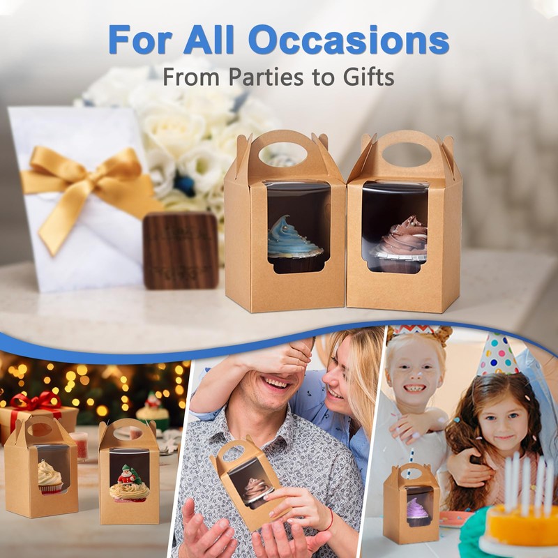 Shallive Cupcake Boxes 12pcs, Individual Cupcake Containers Brown with Window