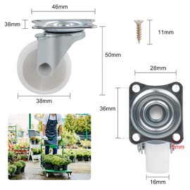 DBREAKS Swivel Castors Set Diameter 38 mm, 12 Pieces Castors for Furniture, Furniture Castors without Brake, 360° Rotatable Wheels, Industrial Castors, White, with 1 Screwdriver and 48 Screws, Height