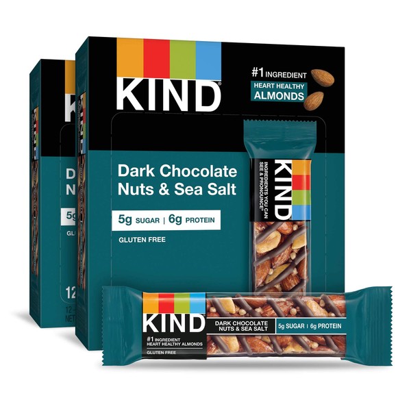 KIND Bars, Dark Chocolate Nuts & Sea Salt, Healthy Snacks, Gluten Free, Low Sugar, 6g Protein, 24 Count