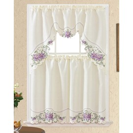 GOHD - Lily Fragrance. 3pcs Multi-Color Embroidery Kitchen Curtain/Cafe Curtain/Swag & Tiers Set with cutworks. (Purple)