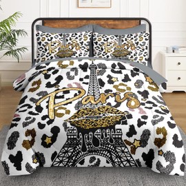 WeCozy Twin Size Comforter Set with Pillowcase & Sham, Paris Black Gold Tower 5 Pcs Bedding for Kids and Adults, French Golden Leopard Bed in a Bag with Flat Fitted Sheet