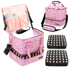 Sambois Nail Polish Organizer Bag Holds 84 Bottles (15ml/0.5 fl.oz)& Nail Lamp, PU Leather Nail Supplies Organizer with Holder& Shoulder Strap, Portable Travel Nail Kit Storage Carrying Case (Pink)
