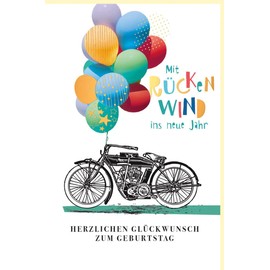 Skorpion Birthday Card Motorcycle with Colourful Balloons on the Steering Wheel, Natural Cardboard, with Gold Foil - with Envelope