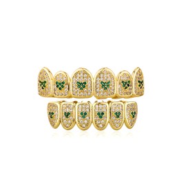 JINAO Gold Green Heart Fake Diamond Grills 18k Gold Plated Iced Out Cubic Zirconia Mouth Grillz for Your Teeth with Extra Molding Bars for Men Women (Green Heart Gold Set)