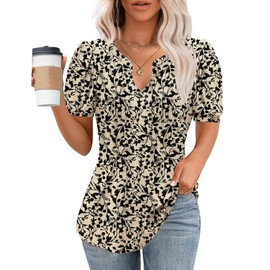 Micoson Eyelet Tops for Women, Puff Short Sleeve Shirts with V Neck, Pleated Blouse Dressy Casual Summer 2024 (X-Large, Floral Apricot Black)