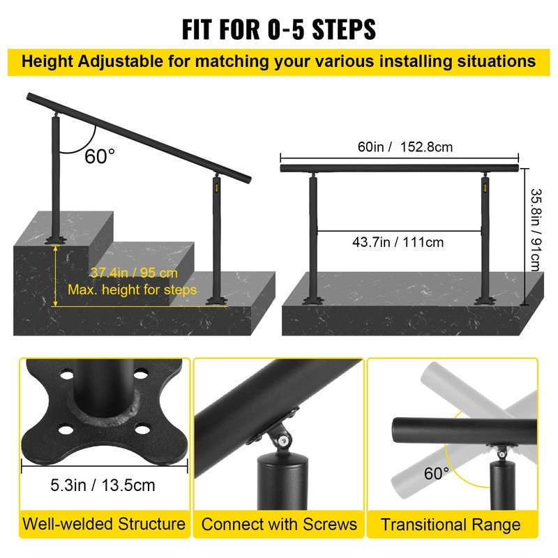VEVOR Outdoor Stair Railing Kit, 5 FT Handrails 0-5 Steps,