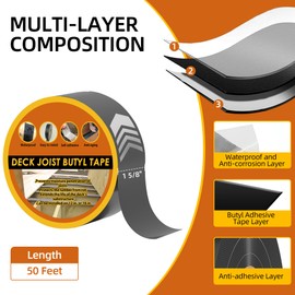 JOAPRIL 1-5/8" x 50' Deck Joist Tape, 8 Pack Waterproof Seal Butyl Deck Tape, Weather Resistance Self-Adhesive Joist Tape for Decking Wood Joists and Beams