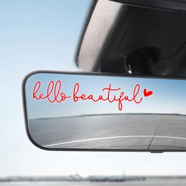 QBOONPT Hello Beautiful Car Decals, Car Rearview Mirror Decal Accessories, Window Mirror Decals for Vehicles, Vinyl Cute Car Stickers Decoration for Women, Self Affirmations Decal(Red)