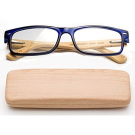 Real Bamboo Reading Glasses Spring Hinge Genuine Bamboo Rectangular Reader w/Case