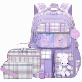 Cute Kids Backpack for Girls, Cartoon Bunny School Bag with Lunch Bag Pencil Case Set, 16.5 inch Laptop Backpack for Kindergarten Elementary Students (Purple)