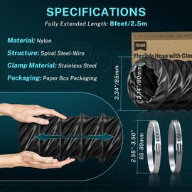 HG Power 75mm Air Ducting, 3 Inch 2.5m Nylon Flexible Duct Hose, High-Temp Ventilation Pipe with 2 Clamps for Extension Pipe of Diesel Heaters, Hot Air Exhaust, Black
