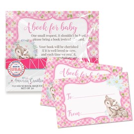 Amanda Creation Book Request Cards Little Girl Floral Woodland Deer Bring a Book Insert Request for Baby Shower - 20 2.5 by 4 Inch Double Sided Gift Tags, Made in the USA
