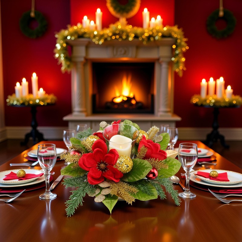 YULETIME 18-in Centerpiece with Flameless LED Candle Holder, Red Magnolia