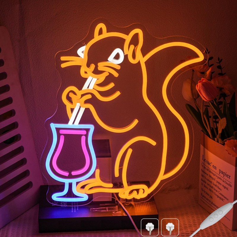 Squirrel Cocktail Neon Sign for Wall Decor Orange Squirrel Neon