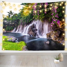 BELECO Mountain Waterfall Tapestry Lake Tapestry Tropical Hawaii Nature Tapestry 70x47 Inch Grassland Spring Flowers Natural Scenery Tapestry Wall Hanging for Bedroom Living Room Dorm Home Decor