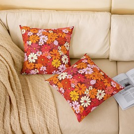Feelyou 60S 70S Groovy Throw Pillow Covers 18"x18" Set of 2 Retro Hippie Flower Decorative Throw Pillowcases for Vintage Boho Plant Floral Pillow Cases Cushion Covers Blossom Colorful Cushion Cases