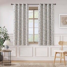 Lazzzy Blue Floral Farmhouse Linen Lined Curtain with 63 Inches Length Grommet Top Drapes for Living Room Bedroom Flower Patterned Country Vintage Curtains 2 Panels Set Green on Beige