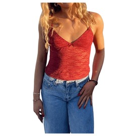 RoseSeek Women's Lace Sheer Crop Camisole Tops Bowknot Spaghetti Strap Going Out Top Sleeveless Coquette Shirts Red Small