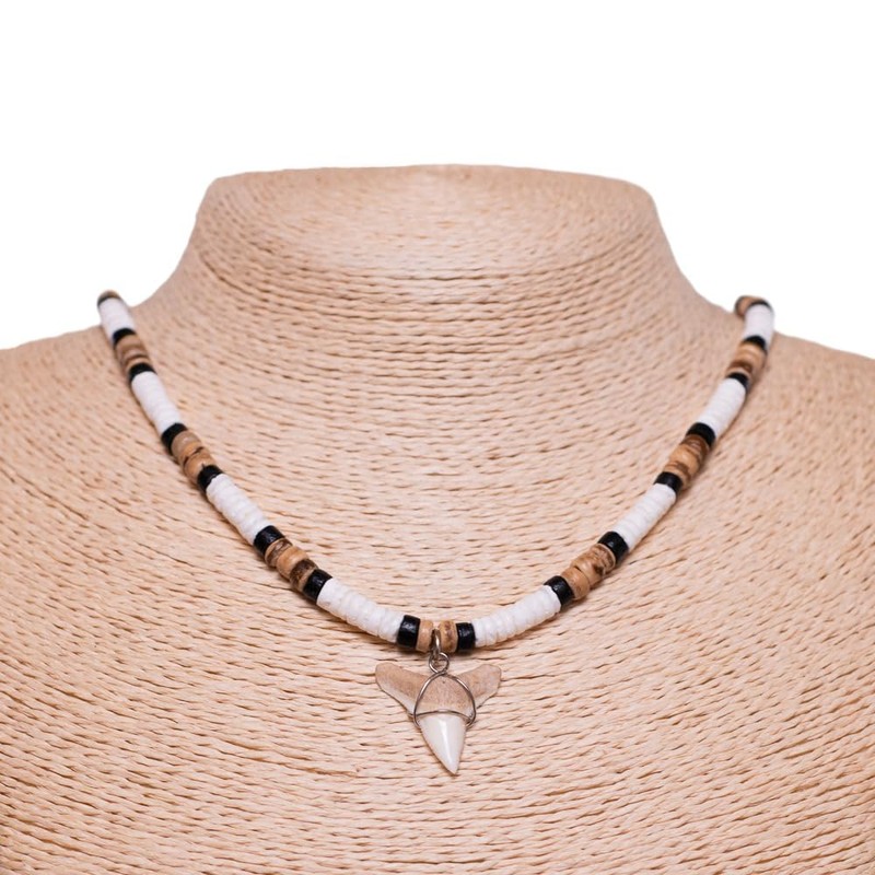 BlueRica Shark Tooth on Puka & Tiger Brown Coconut Shell