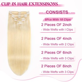 POGINJA Clip in Hair Extensions Real Human Hair, Remy Human Hair Extensions Clip ins for Women, 100% Natural Human Hair, Double Weftm, 20inch 105g 8Pcs, #60 Platinum Blonde