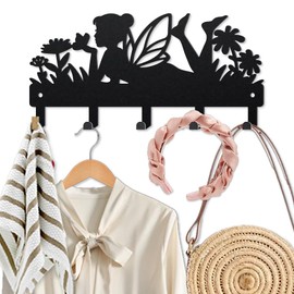 MAYJOYDIY Fairy Flowers Metal Key Hook Flowering Butterfly Coat Rack Wall Mounted 25×12cm Fantasy Black Art Wall Decor Key Holder with 5 Hooks for Gift Kitchen Bathroom Home Decor