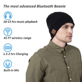 beanie Bluetooth, MUSICBEE Bluetooth V5.2 Wireless Knit Winter Cap, 24 Hour Play time, Built-in Microphone and HD Stereo Speakers(Black