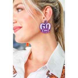 Boderier Game Day Earrings Beaded GO Football Dangle Earrings Statement Sport Game Team Earrings Spirit Fan Jewelry Gifts (Purple White)