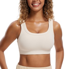 CRZ YOGA Ribbed Sports Bras for Women - U Back Wireless Medium Impact Padded Yoga Workout Cami White Apricot Small
