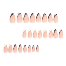 Almond Press on Nails Medium Fake Nails French Tip False Nails with Designs Gold Line Glue on Nails Full Cover Acrylic Nails Art DIY Stick on Nails for Women Nails Decoration 24 Pcs